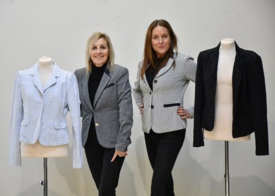 Lot 366 - ARMANI JEANS; a navy blue tweed fitted lined...