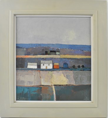 Lot 138 - MARY PYM (born 1935); oil on board, 'Farms in...