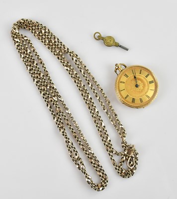 Lot 398 - A yellow metal key wind open faced fob watch,...