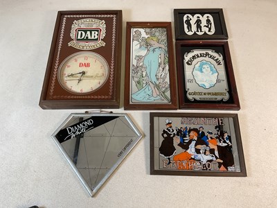 Lot 900 - Five pub mirrors, a clock, 49 x 31cm, and a...