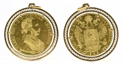 Lot 1304 - An Austrian Franz Joseph I four ducat 1915...