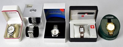 Lot 1404 - Five boxed gentlemen's fashion watches,...