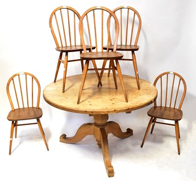 Lot 6 - ERCOL; five light elm stick back dining chairs,...
