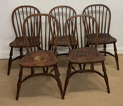 Lot 953 - Five Windsor stained elm dining chairs, height...
