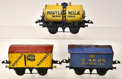 Lot 405 - HORNBY; three O gauge tin-plate railway wagons...