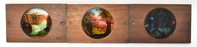Lot 780 - Six large mahogany framed magic lantern slides,...