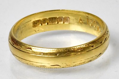 Lot 1131 - An 18ct gold wedding band, size P, stamped...