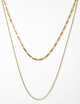 Lot 1261 - Two 9ct gold fine link chains, one stamped...