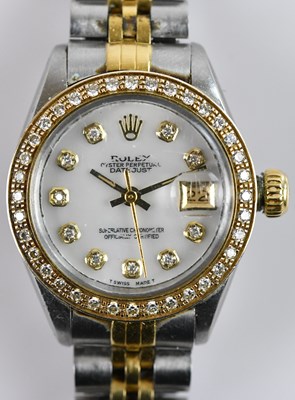 Lot 460 - ROLEX; a lady's bi-metal oyster-perpetual date-...