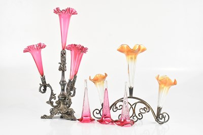 Lot 7 - Two electroplated epergnes, one cranberry...