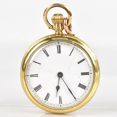 Lot 414 - A yellow metal crown wind open faced fob watch,...