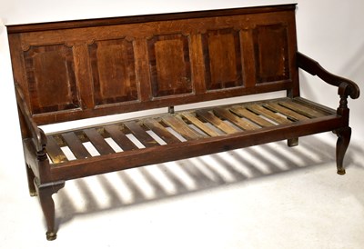 Lot 79 - A George III oak settle with crossbanded...
