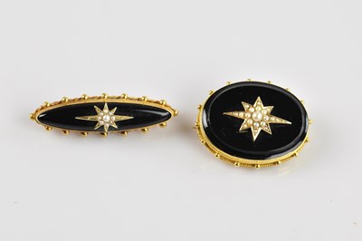 Lot 1277 - Two Victorian yellow metal seed pearl and onyx...