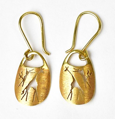 Lot 1291 - A pair of 18ct gold drop earrings, with...