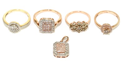 Lot 1021 - Four 9ct rose gold diamond set rings, one with...
