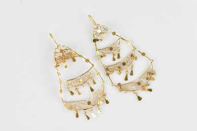 Lot 1378 - A pair of pierced yellow metal drop earrings,...