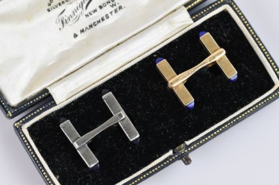 Lot 1353 - CARTIER; a yellow metal lapis lazuli cufflink,...