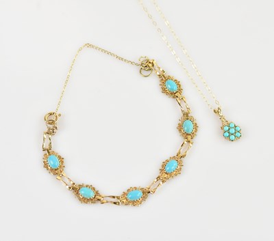 Lot 1228 - A yellow metal turquoise set bracelet, stamped...