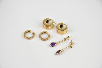 Lot 1422 - A pair of 9ct yellow gold diamond set hoop...