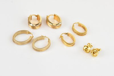 Lot 1417 - Four pairs of 9ct yellow gold earrings,...