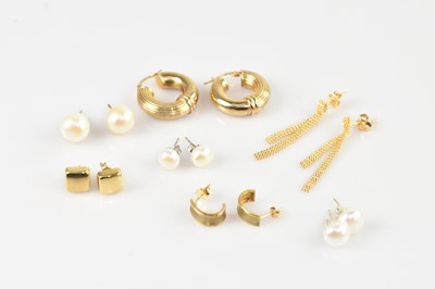 Lot 1421 - Four pairs of 9ct yellow gold earrings...