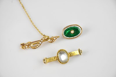 Lot 1336A - A Victorian yellow metal seed pearl set bar...