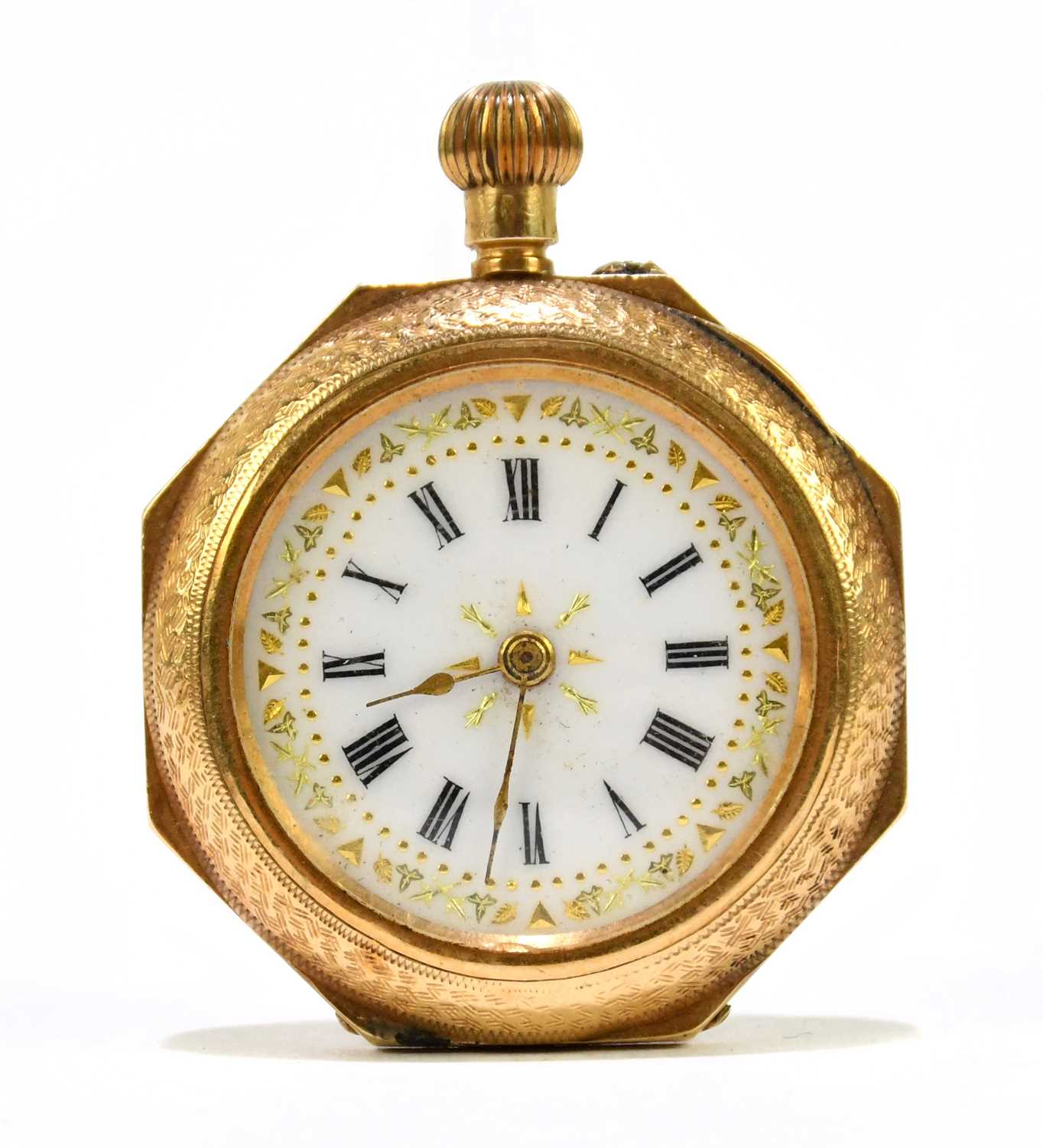 Lot 1334 An 18ct yellow gold crown wind fob watch,