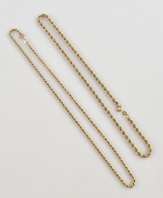 Lot 606 - Two 9ct yellow gold rope chain necklaces,...
