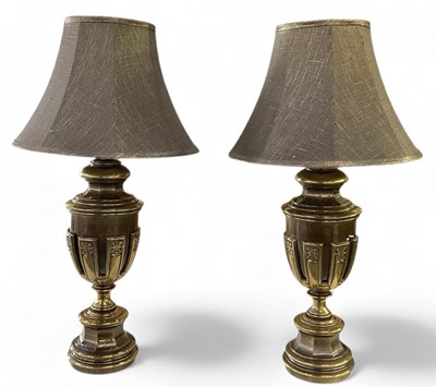 Lot 153 - A pair of modern brass classical style urn...