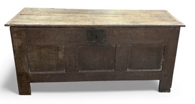 Lot 52 - An 18th century oak plank top coffer, with two...