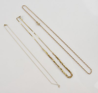Lot 603 - Three 9ct yellow gold fine link necklaces,...