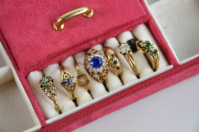 Lot 628 - Seven 9ct yellow gold dress rings, combined...