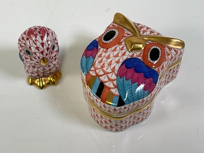 Lot 353 - HEREND; an owl trinket box, printed and...