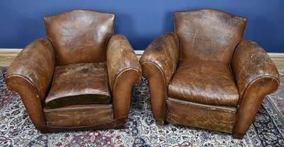Lot 3005 - A pair of tan leather library tub chairs,...