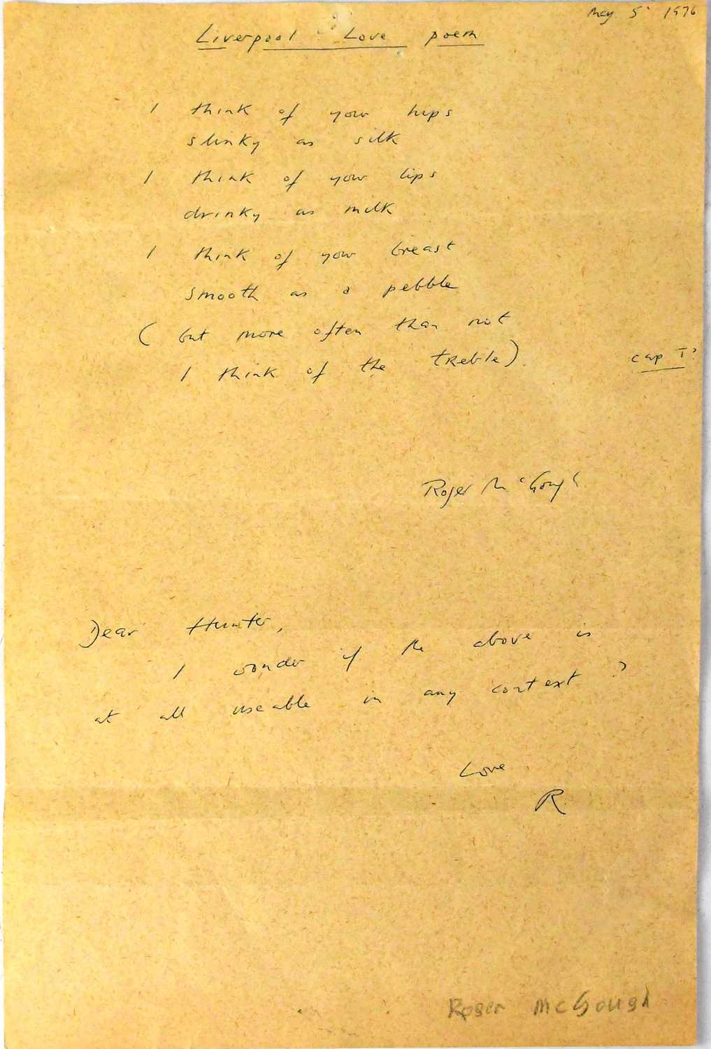 Lot 576 - ROGER JOSEPH MCGOUGH; a handwritten poem by...