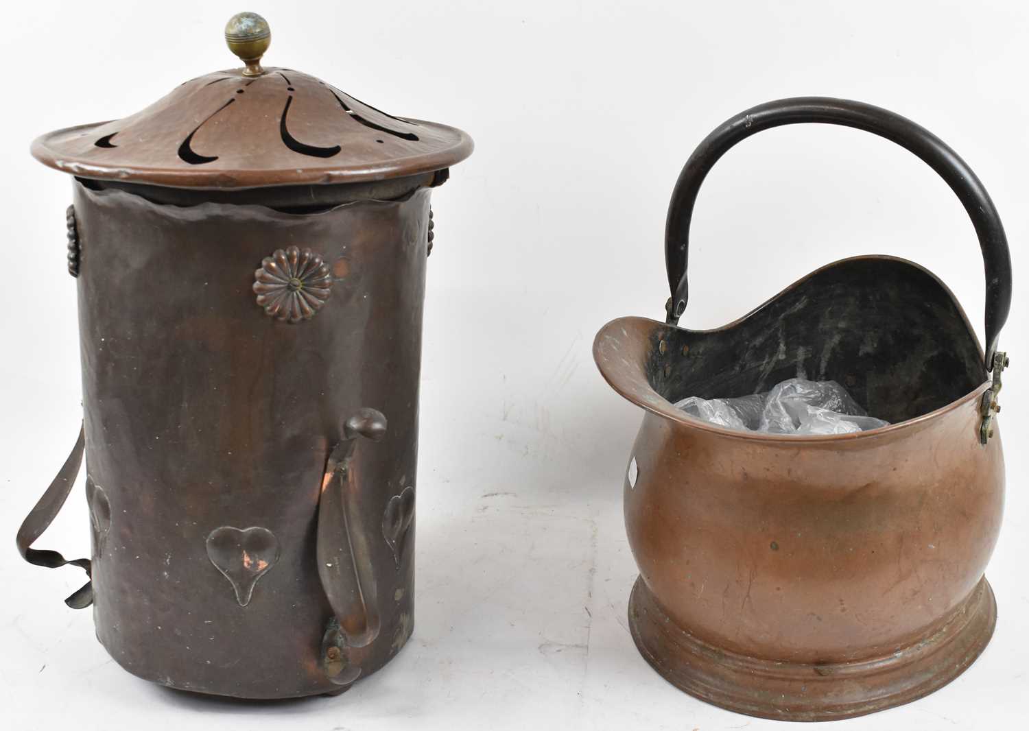 Lot 330 - An Arts & Crafts style copper coal scuttle and...