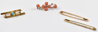 Lot 887 - A 14ct gold bar brooch set with a turquoise, a...