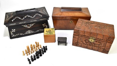 Lot 83 - A 19th century rosewood and mother of pearl inlaid sarcophagus form tea caddy