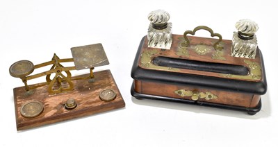 Lot 183 - A Victorian walnut, ebonised and brass mounted inkstand