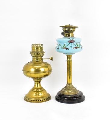 Lot 93 - A Victorian paraffin lamp with painted blue...