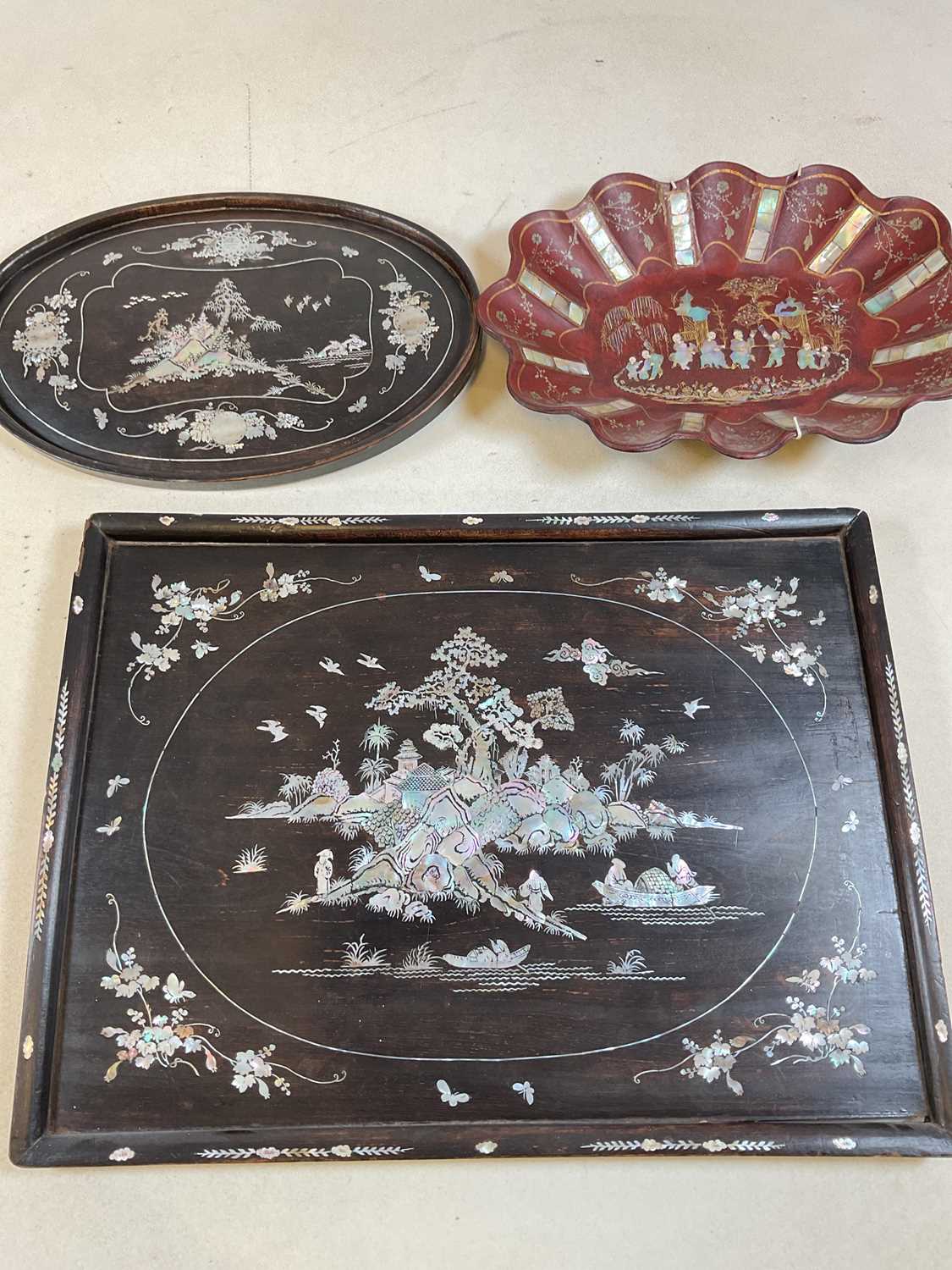 Lot 709 - Three mother of pearl inlaid plaques largest...