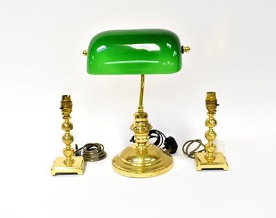 Lot 95 - A brass and green glass shade desk lamp and a...