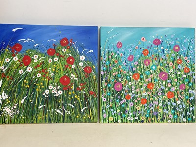 Lot 348 - ROZ WILSON; pair of acrylics on canvas, floral...