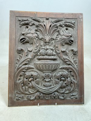 Lot 28 - A well carved Victorian oak panel, 45 x 35 cm.