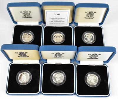 Lot 886 - ROYAL MINT; six silver proof £1 coins, dates...