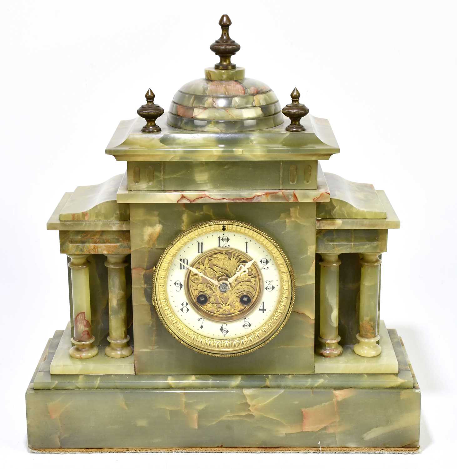 Lot 2694 - A green onyx Mausoleum mantel clock, height 37cm.