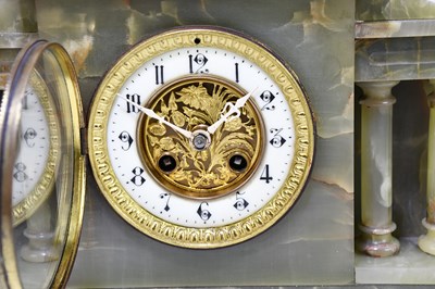 Lot 2694 - A green onyx Mausoleum mantel clock, height 37cm.