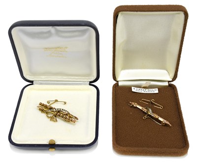 Lot 1448 - Two 9ct gold bar brooches, both set with pearls.