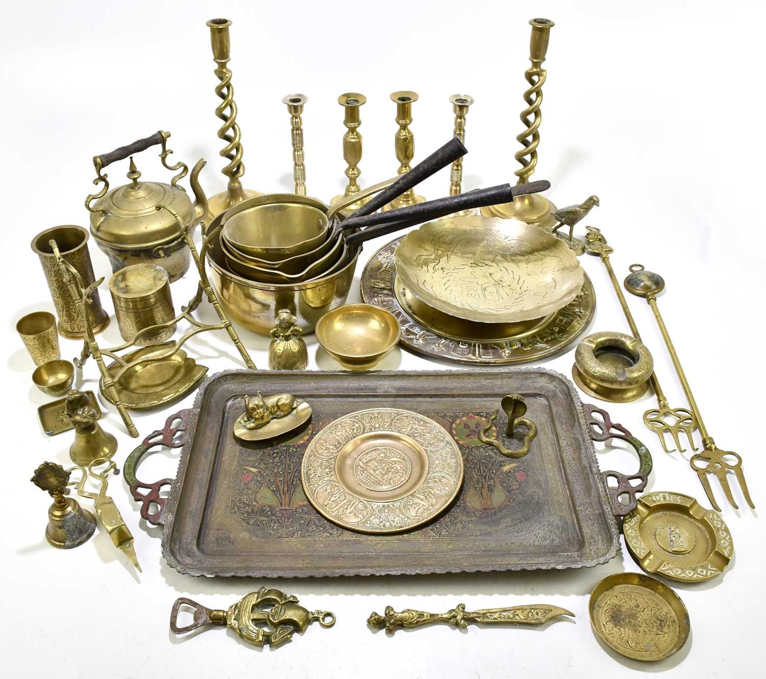 Lot 2627 - A collection of brass wares to include four...