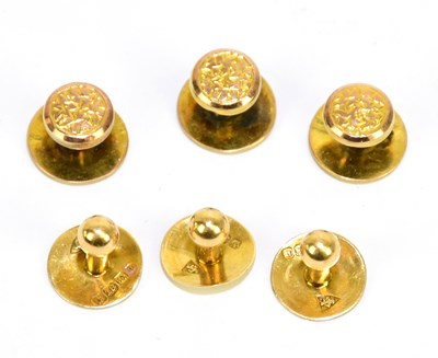 Lot 1459 - Three 18ct gold dress studs, weight 1g, with...